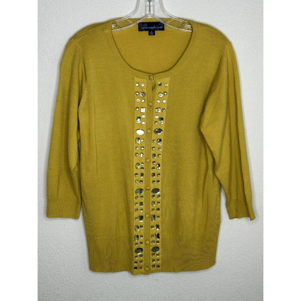 Susan Graver Sweater Womens Small Jeweled Cardigan Embellished Button 3/4 Sleeve